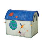 The Space Toy Basket, Small by Rice is a perfect addition for kids' room storage, featuring a handmade design with a blue lid and charming space-themed embroidery that includes planets and a dog in a spacesuit.