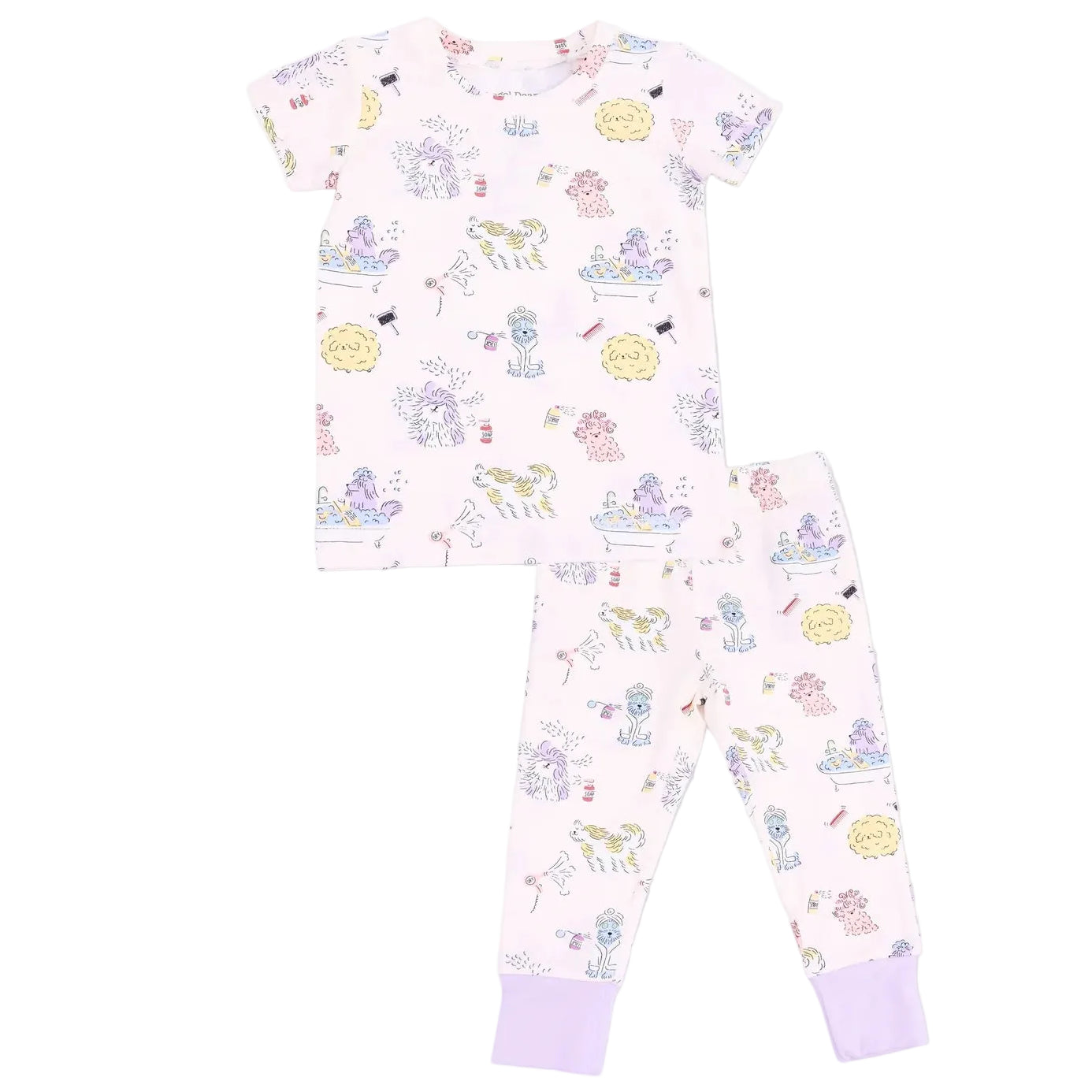 The Angel Dear Baby and Kids’ Short Sleeve Loungewear Set features a light pink top with matching pants, both adorned with playful animal illustrations and finished with delicate lavender cuffs. This adorable 2-piece set is perfect for toddlers as pajamas or as everyday short-sleeve loungewear for little ones.