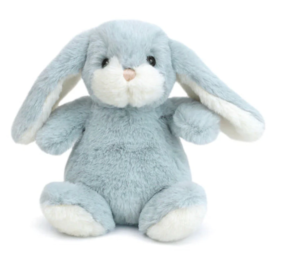 The Mon Ami Bun Bun Bunny - Blue is a light blue plush with white accents, long floppy ears, black eyes, and a pink nose—perfect for adding to an Easter basket.
