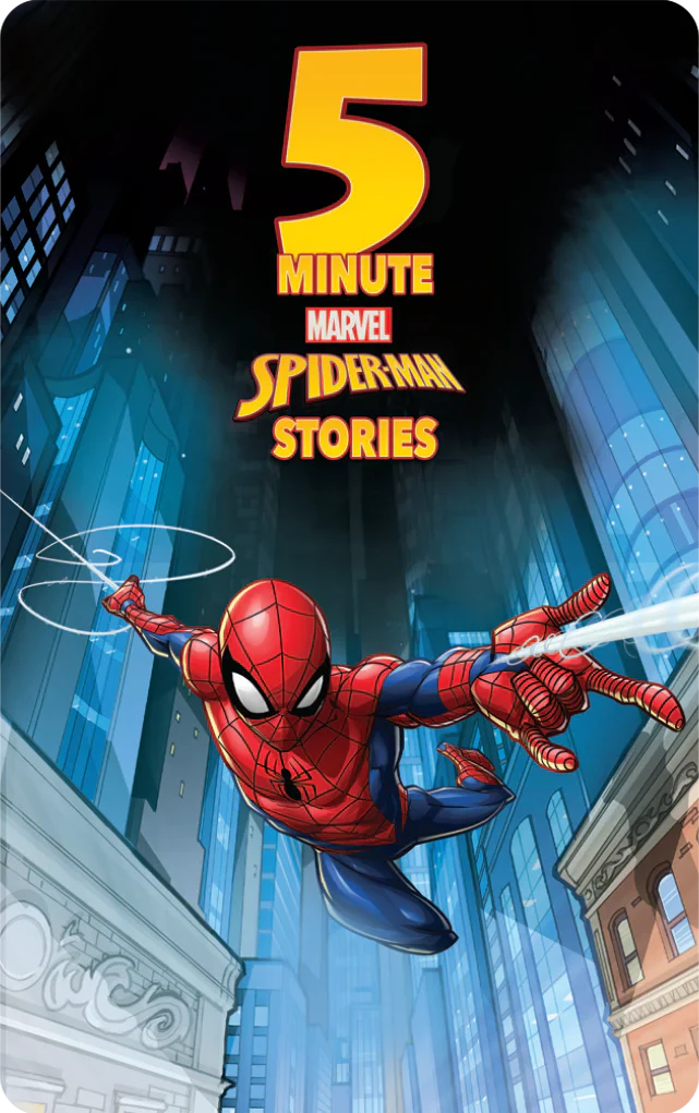 Illustration of Spider-Man swinging through NYC at night beneath text: "Yoto Card: 5 Minute Spider-Man Stories" by Yoto.