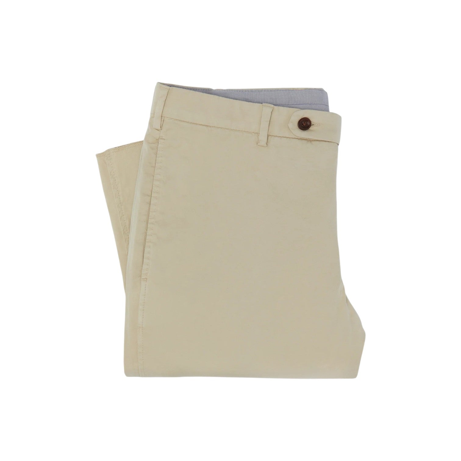 A pair of folded Sid Mashburn Sport Trousers in beige, garment-dyed with a visible waistband button, displayed against a white background.