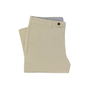 A pair of folded Sid Mashburn Sport Trousers in beige, garment-dyed with a visible waistband button, displayed against a white background.