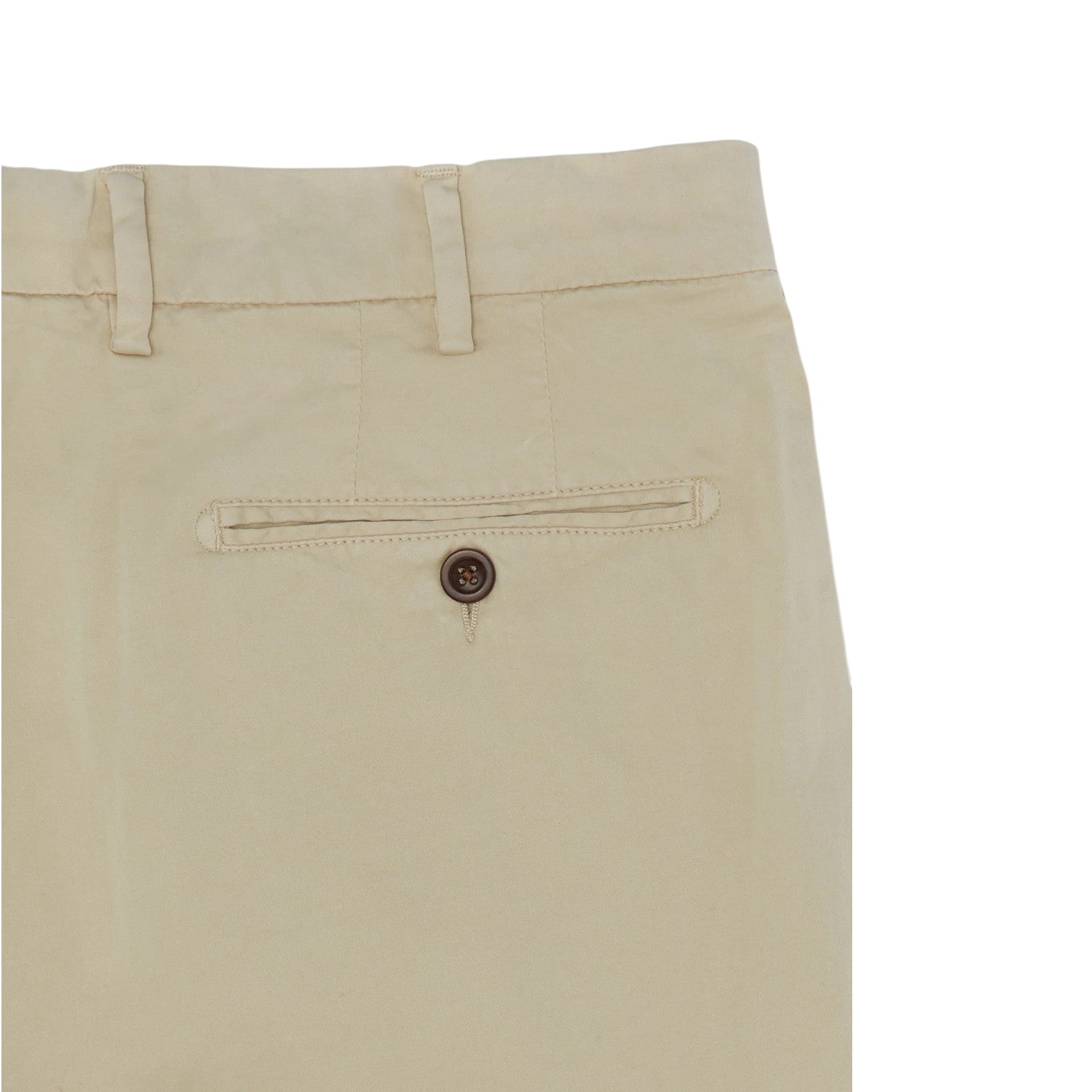 Close-up of the back of Sid Mashburn Sport Trouser in beige Italian cotton, showing a buttoned welt pocket and belt loops on a white background.