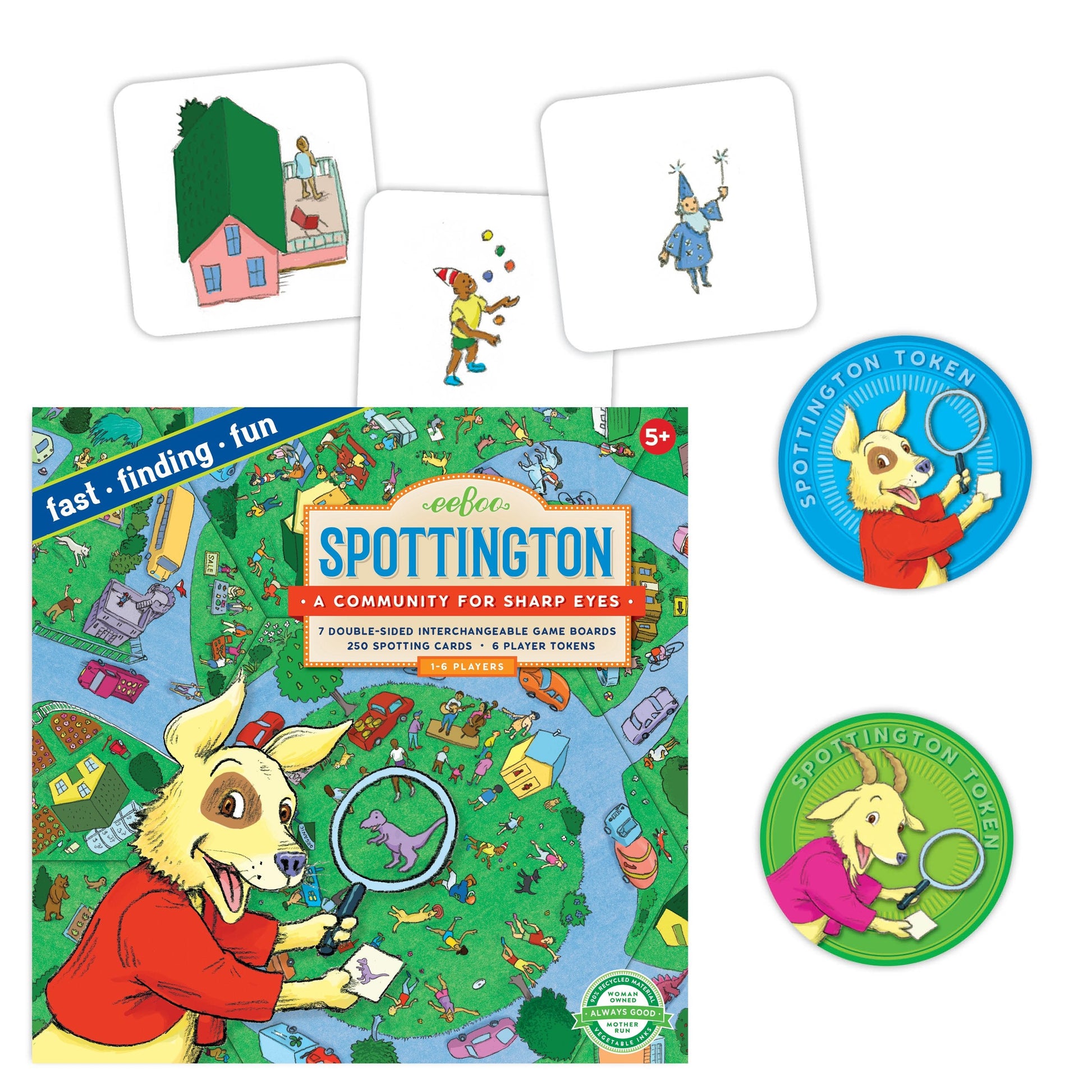 A collage showcasing components of the Eeboo Spottington board game, which includes cards with illustrated scenes, tokens, and a game board depicting a detailed and colorful town map.