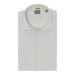 The Sid Mashburn Spread Collar Sport Shirt is a slim fit, long-sleeve, blue-orange-white checkered four-season shirt with a front pocket and green collar label—versatile and neatly tailored.