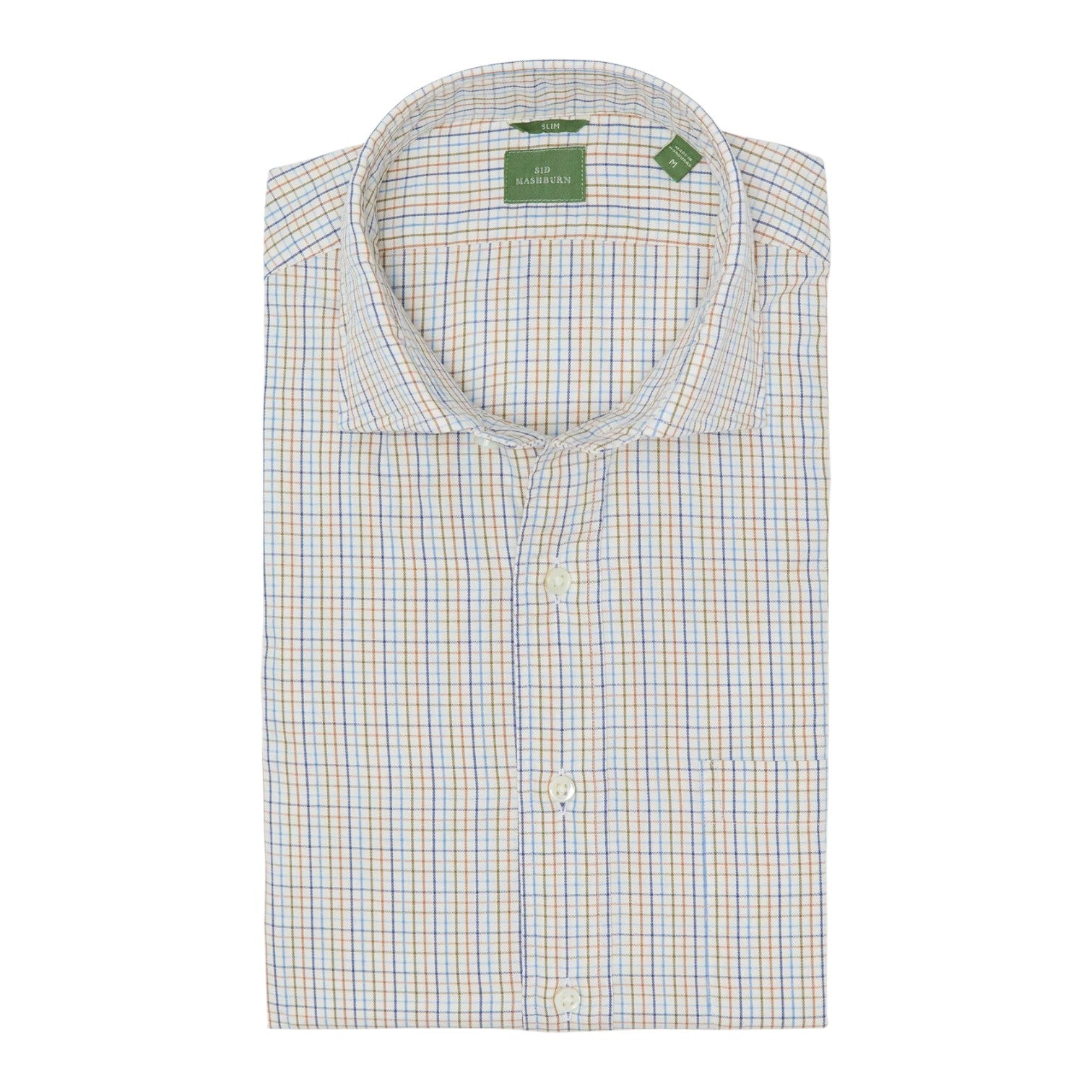 The Sid Mashburn Spread Collar Sport Shirt is a slim fit, long-sleeve, blue-orange-white checkered four-season shirt with a front pocket and green collar label—versatile and neatly tailored.