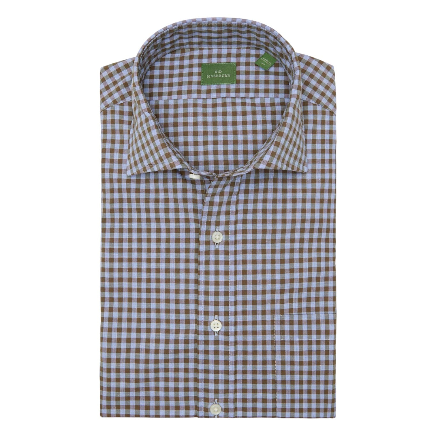 The Sid Mashburn Spread Collar Sport Shirt is a four-season style with a brown and light blue checkered pattern, white buttons, a spread collar, and a green label inside the collar.