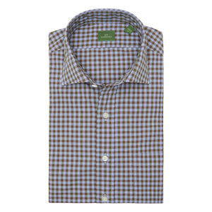 The Sid Mashburn Spread Collar Sport Shirt is a four-season style with a brown and light blue checkered pattern, white buttons, a spread collar, and a green label inside the collar.