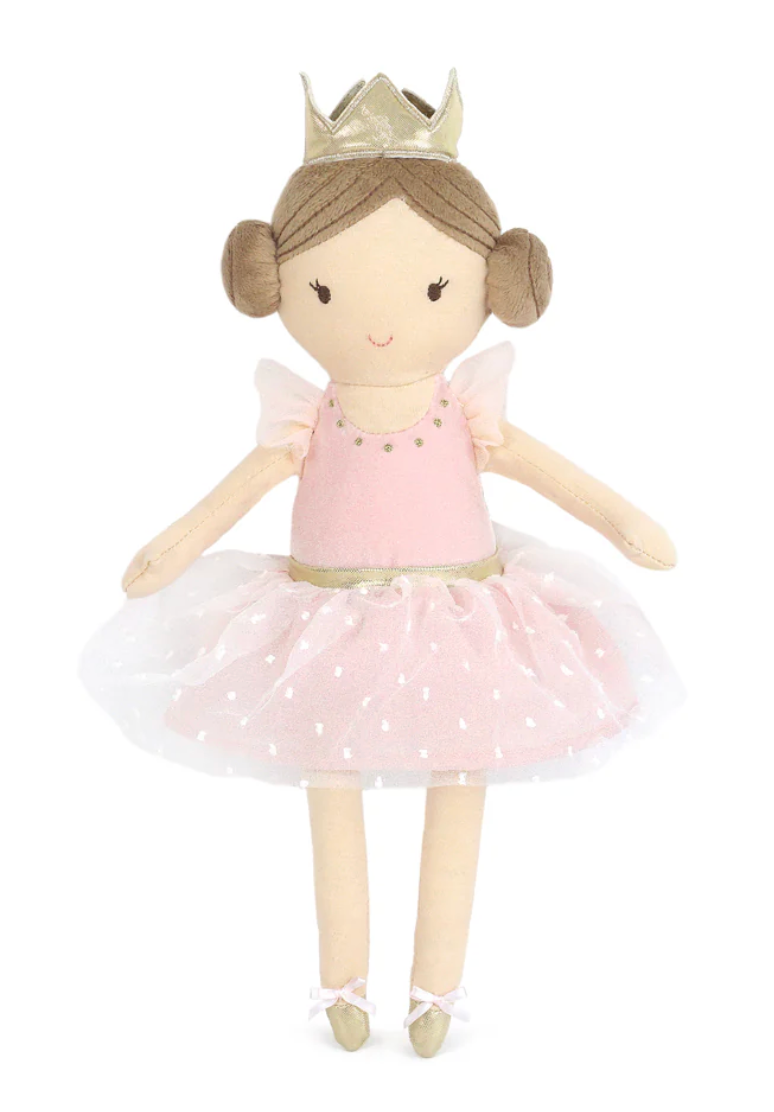 Emma My First Ballerina by Mon Ami is a plush doll with brown hair in buns, dressed in a pink tulle skirt, gold crown, and ballet shoes—perfect for any little ballet princess.