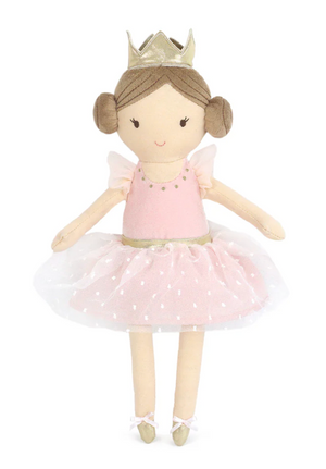 Emma My First Ballerina by Mon Ami is a plush doll with brown hair in buns, dressed in a pink tulle skirt, gold crown, and ballet shoes—perfect for any little ballet princess.