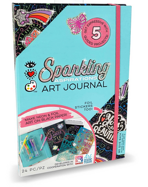 Bright Stripes Sparkling Aspirations Art Journal is a 24-piece kit featuring a turquoise cover adorned with glitter graphics, neon gel pens, foil stickers, and black drawing paper for artistic creations. The set also includes a handy stencil to add creative flair to your designs.