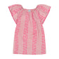 The Girls’ Mini Capucine Caftan by Mer features pink short sleeves, red floral vertical stripes, flutter sleeves, and red trim along the edges. Crafted from lightweight cotton with delicate embroidered detailing, this dress is displayed against a plain white background.