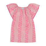 The Girls’ Mini Capucine Caftan by Mer features pink short sleeves, red floral vertical stripes, flutter sleeves, and red trim along the edges. Crafted from lightweight cotton with delicate embroidered detailing, this dress is displayed against a plain white background.