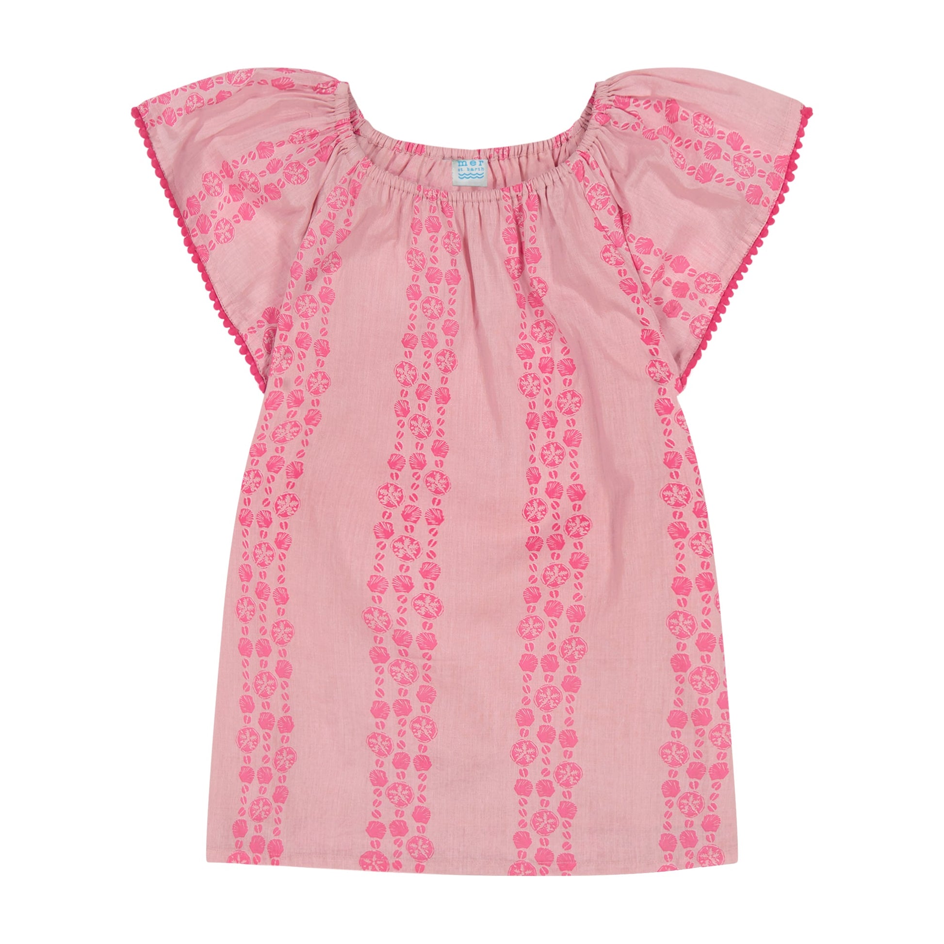 The Girls’ Mini Capucine Caftan by Mer features pink short sleeves, red floral vertical stripes, flutter sleeves, and red trim along the edges. Crafted from lightweight cotton with delicate embroidered detailing, this dress is displayed against a plain white background.
