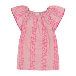 The Girls’ Mini Capucine Caftan by Mer features pink short sleeves, red floral vertical stripes, flutter sleeves, and red trim along the edges. Crafted from lightweight cotton with delicate embroidered detailing, this dress is displayed against a plain white background.