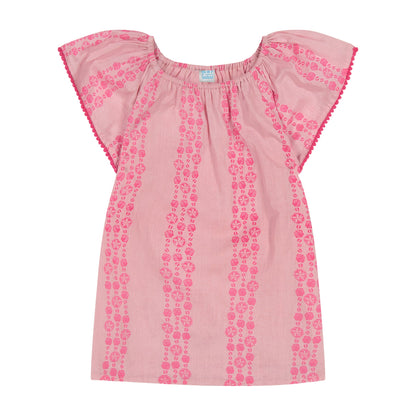 The Girls’ Mini Capucine Caftan by Mer features pink short sleeves, red floral vertical stripes, flutter sleeves, and red trim along the edges. Crafted from lightweight cotton with delicate embroidered detailing, this dress is displayed against a plain white background.