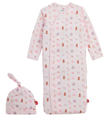 The Magnetic Me Baby Nursery Nostalgia Modal Gown + Hat Set in pink, featuring an adorable animal print, is displayed on a white background—perfect as a cozy and comfortable newborn gown for your little one.