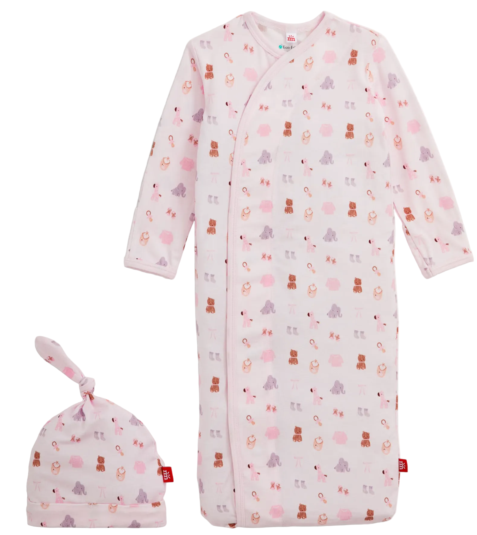 The Magnetic Me Baby Nursery Nostalgia Modal Gown + Hat Set in pink, featuring an adorable animal print, is displayed on a white background—perfect as a cozy and comfortable newborn gown for your little one.