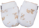 Kissy Kissy Puppy Paws Printed Mitts are white newborn mitts crafted from soft Pima cotton, adorned with beige puppy illustrations and paw prints for adorable baby scratch prevention.