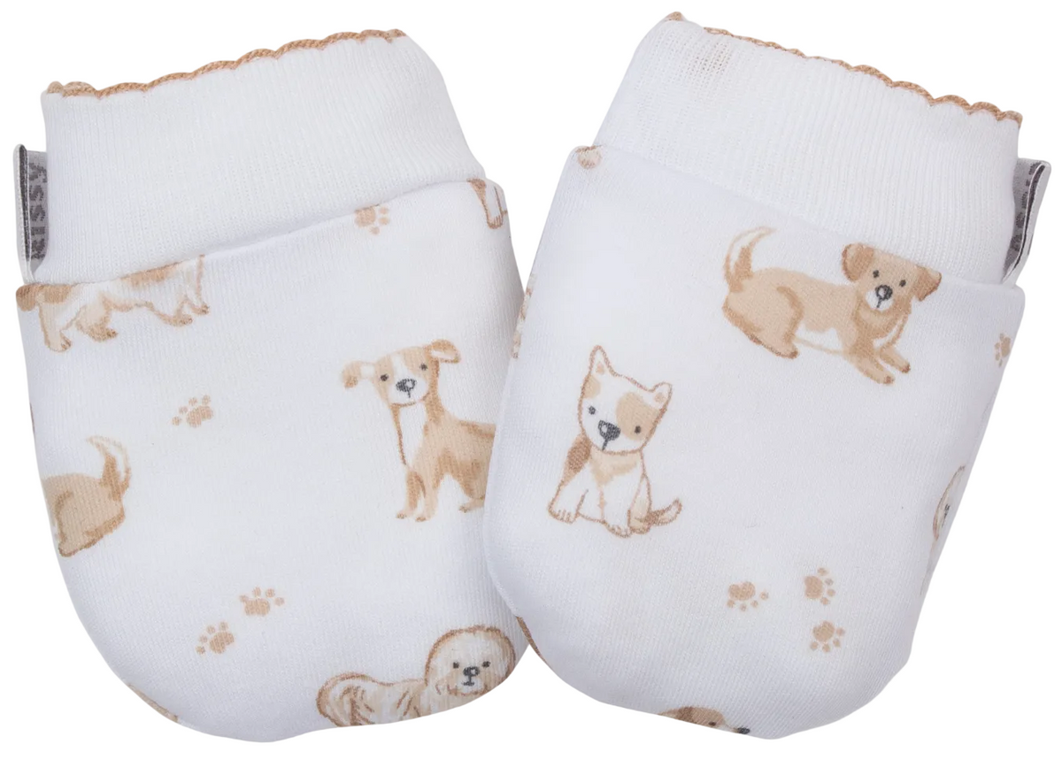 Kissy Kissy Puppy Paws Printed Mitts are white newborn mitts crafted from soft Pima cotton, adorned with beige puppy illustrations and paw prints for adorable baby scratch prevention.