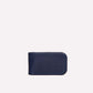The Ettinger Capra Magnetic Cash Clip, made from navy blue goat leather in a small rectangular shape, is centered on a plain light background.