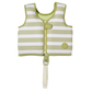 Sunnylife Kids' Swim Vest featuring light green and white horizontal stripes, a front zipper, buckle closure, and a beige anti-rise safety strap for enhanced security, plus a soft neoprene comfort guard—all presented against a plain background.