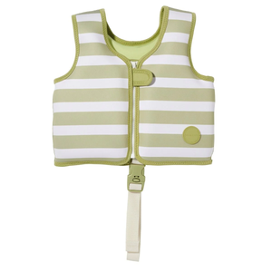 Sunnylife Kids' Swim Vest featuring light green and white horizontal stripes, a front zipper, buckle closure, and a beige anti-rise safety strap for enhanced security, plus a soft neoprene comfort guard—all presented against a plain background.