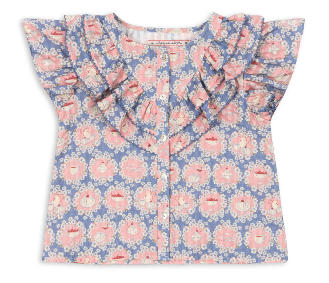 The Konges Slojd Baby Girls’ and Girls Kim Frill Shirt is a short-sleeved blue blouse made from soft organic cotton, adorned with a pink and white floral print, front buttons, and delicate frill detailing on the shoulders and chest.