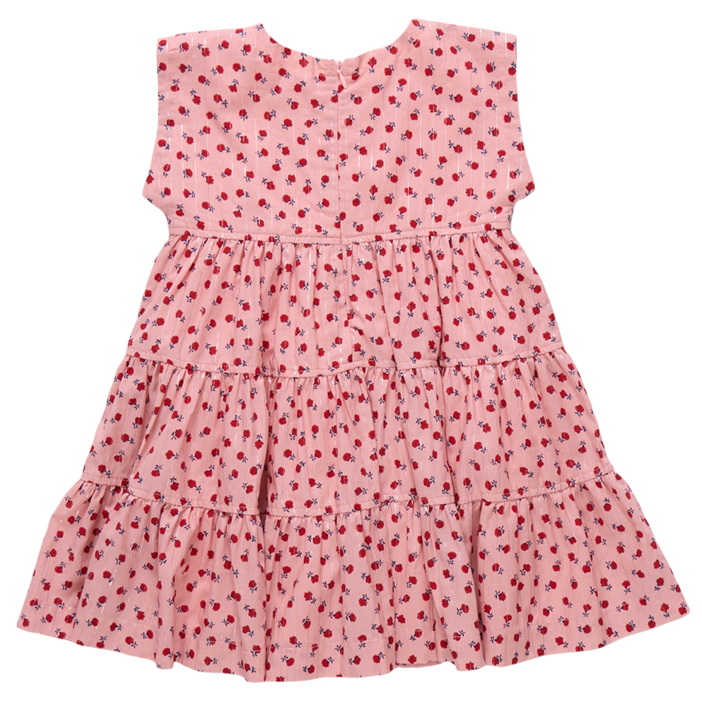 The Pink Chicken Girls' Peachy Dress features sleeveless tiered layers and a charming pattern of red and dark pink tiny roses—perfect for children.