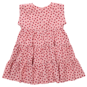 The Pink Chicken Girls' Peachy Dress features sleeveless tiered layers and a charming pattern of red and dark pink tiny roses—perfect for children.