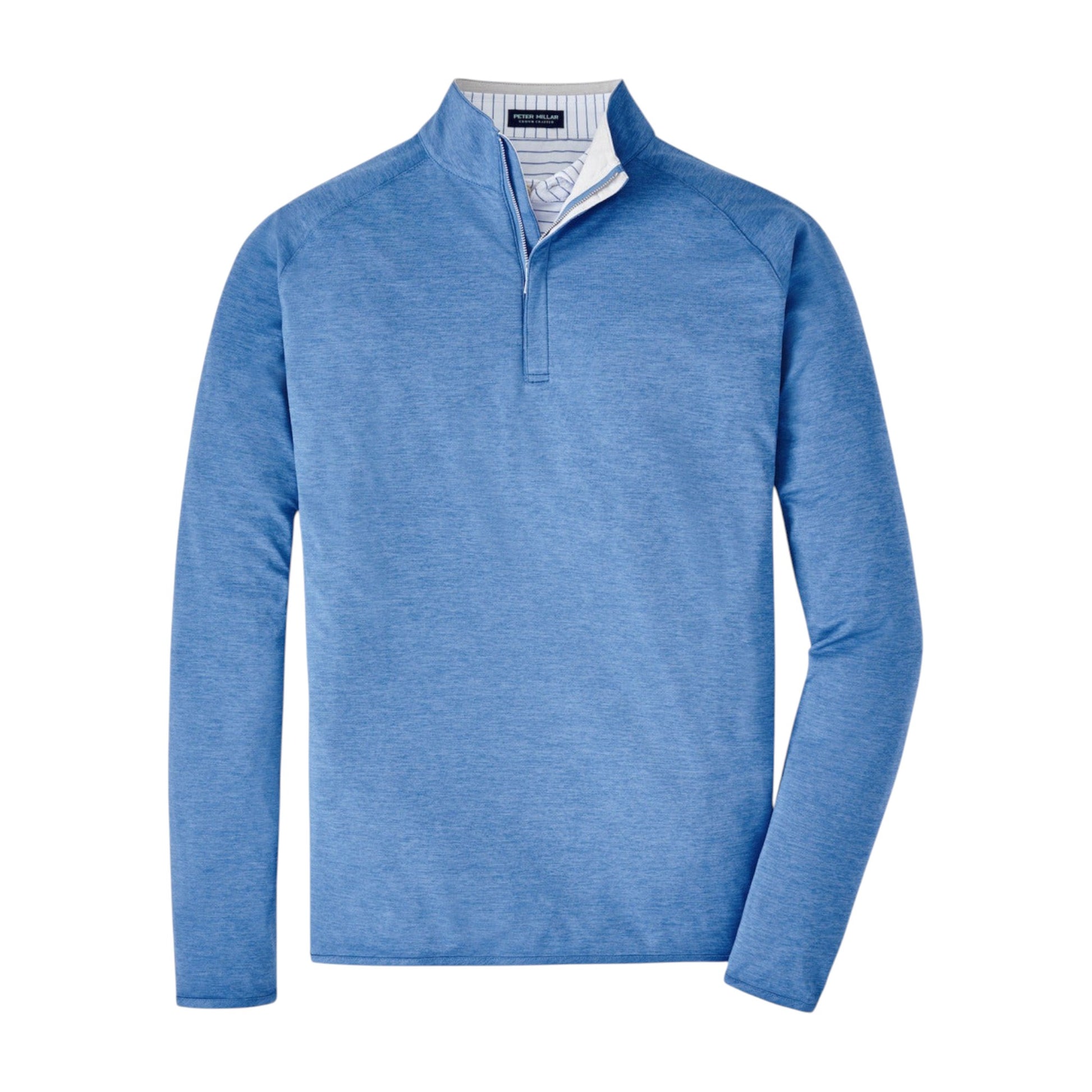 The Peter Millar Stealth Performance Quarter Zip is a light blue, long-sleeve pullover with four-way stretch, shown on a plain white background.