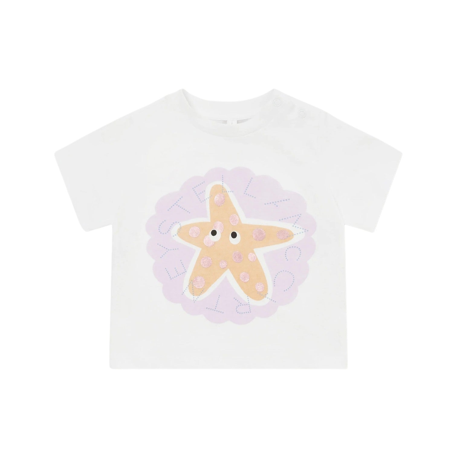 The Stella McCartney Kids Baby Girls' Starfish T-Shirt features a smiling starfish graphic with purple accents and dotted text—perfect as a cute summer or beach shirt.