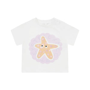 The Stella McCartney Kids Baby Girls' Starfish T-Shirt features a smiling starfish graphic with purple accents and dotted text—perfect as a cute summer or beach shirt.