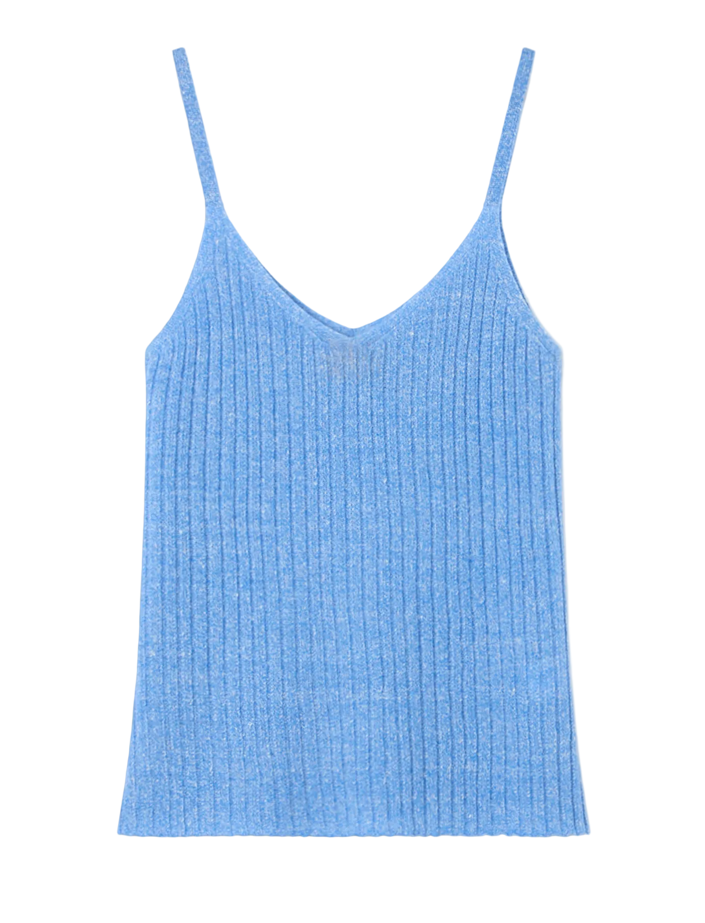 The Breezy Rib Tank by Guest in Residence is a light blue, rib-knit tank top with thin spaghetti straps and a V-neckline, ideal for summer layering. Shown laid flat on a white background.