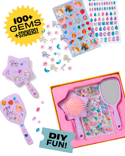 The Super Smalls Unicorn Style & Shine Gemify Beauty Kit includes pastel hairbrushes, a sparkly brush and mirror, plus gem and sticker sheets for DIY fun—perfect for magical makeovers!.