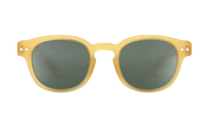 Kids’ #C Polarized Sunglasses by IZIPIZI, featuring yellow rims and dark lenses, are shown from the front against a white background. These children’s sunglasses offer UV protection and an ergonomic design for comfortable wear.