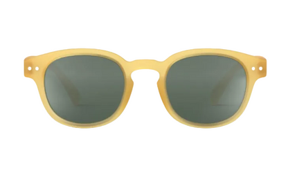 Kids’ #C Polarized Sunglasses by IZIPIZI, featuring yellow rims and dark lenses, are shown from the front against a white background. These children’s sunglasses offer UV protection and an ergonomic design for comfortable wear.