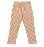 Arsene & Les Pipelettes Boys' Striped Sun Lounger Pants in beige and brown cotton, featuring vertical stripes and an elasticated drawstring waist, shown against a plain white background.