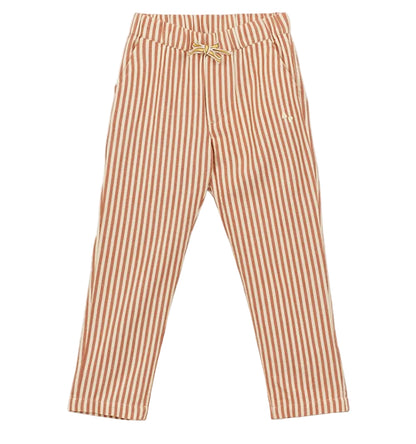 Arsene & Les Pipelettes Boys' Striped Sun Lounger Pants in beige and brown cotton, featuring vertical stripes and an elasticated drawstring waist, shown against a plain white background.