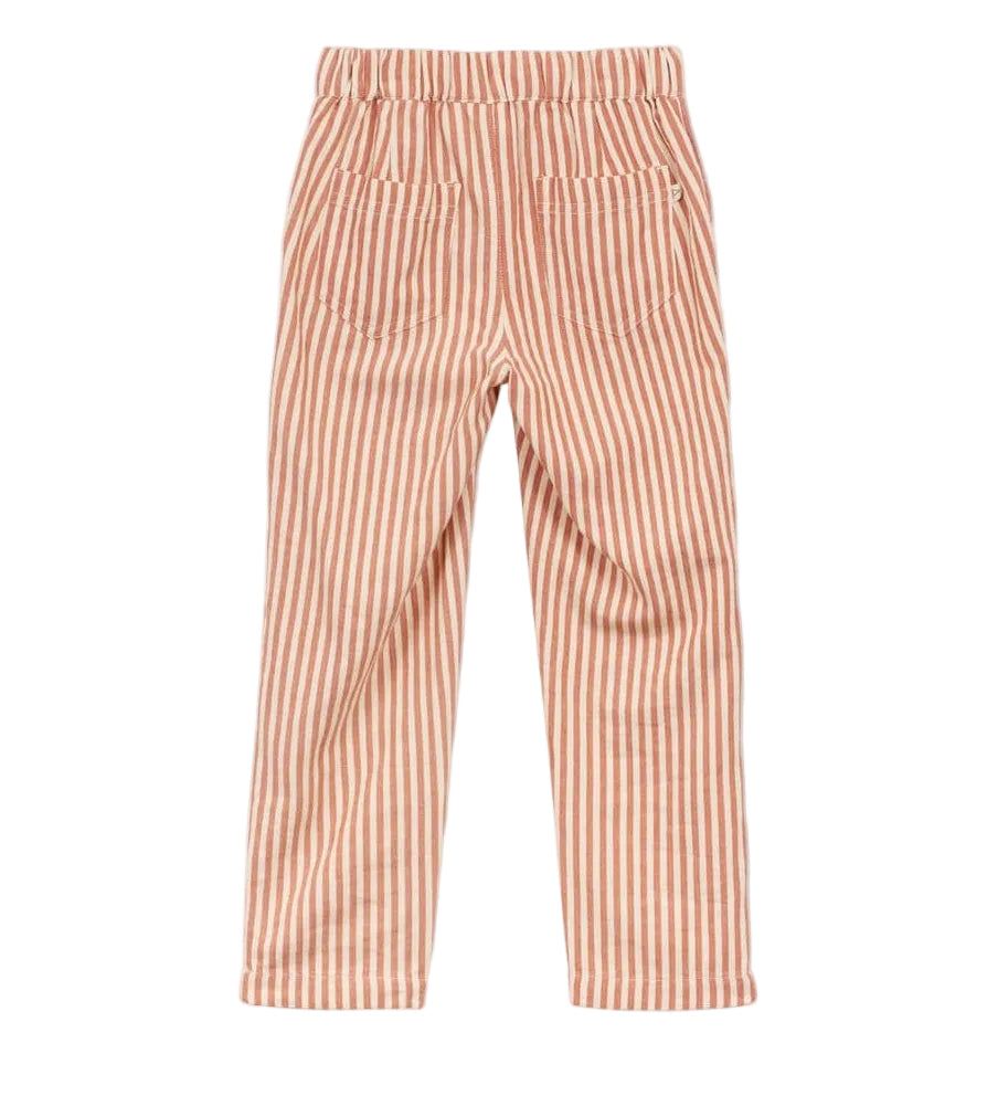 The Boys' Striped Sun Lounger Pants by Arsene & Les Pipelettes feature beige and white vertical stripes, an elasticated waist, and two back pockets, shown on a white background.
