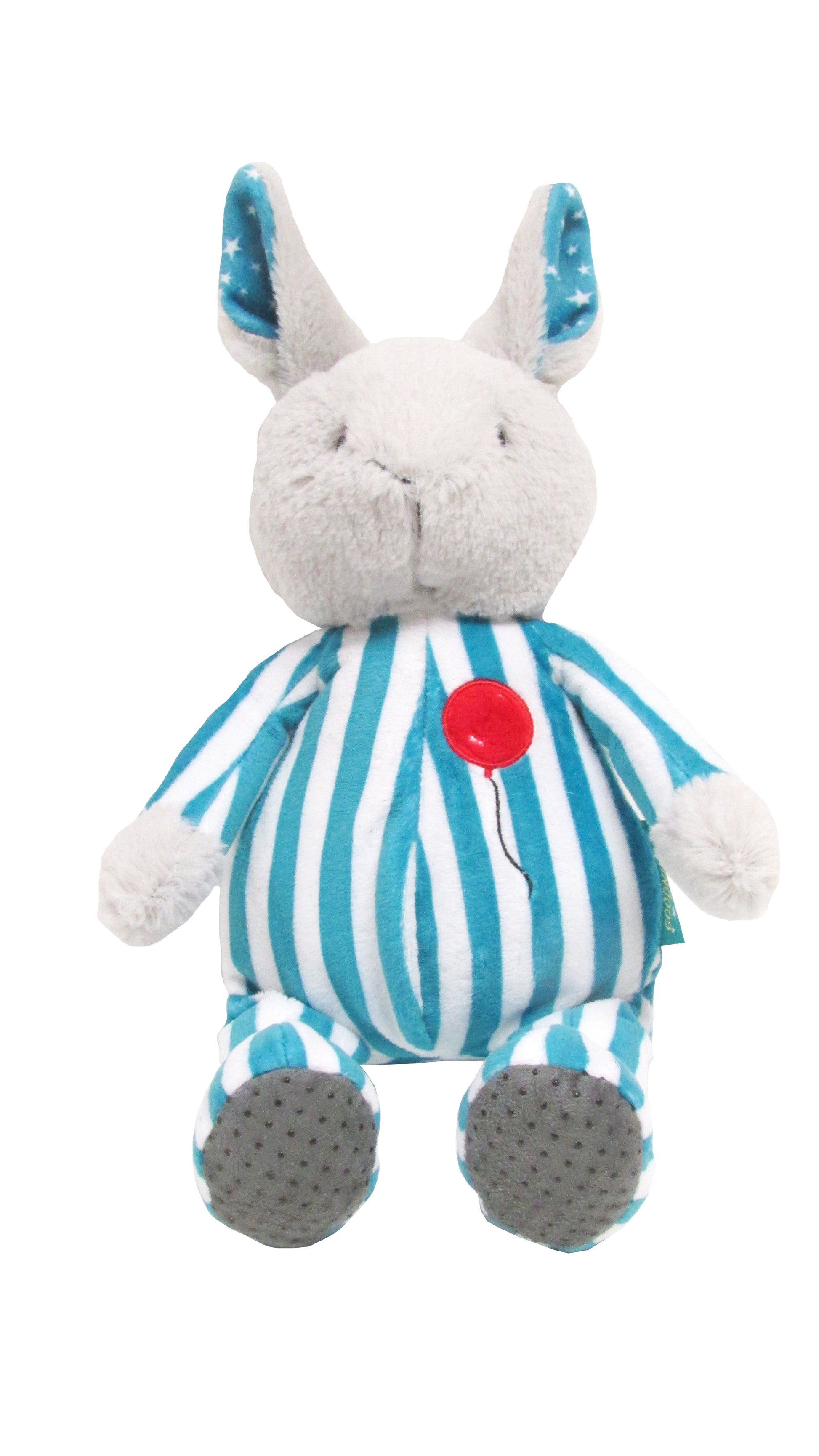 The Pajama Bunny Beanbag Plush by Kids Preferred features gray fur, blue-and-white striped pajamas, gray feet, and a red balloon on its chest. With blue starry ear lining, it's perfect as a nostalgic baby toy or Jack in the Box companion.