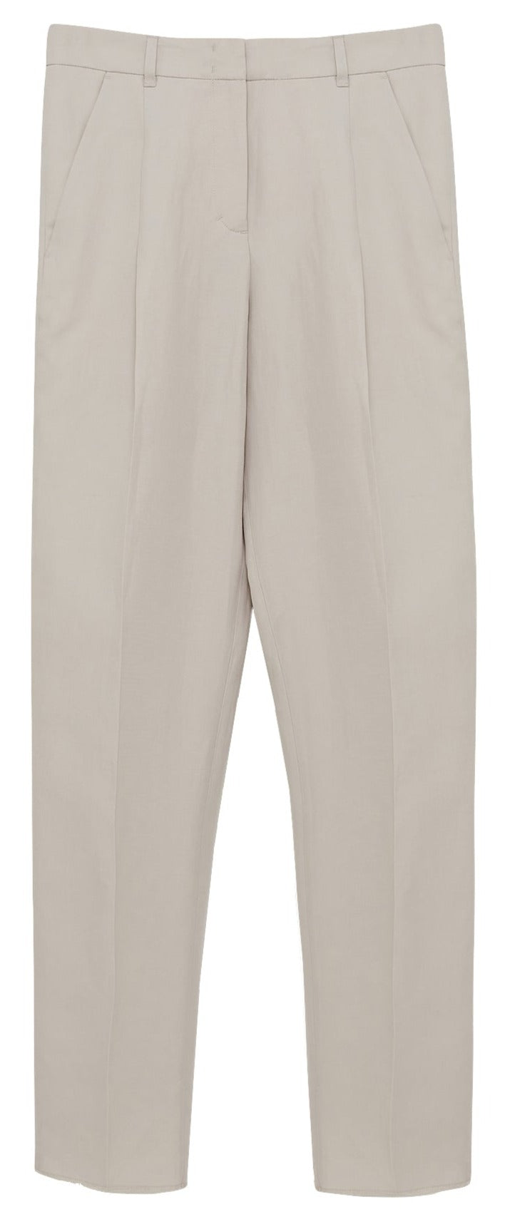 The Dorothee Schumacher Summer Cruise Pants by Dorothee Schumacher are beige straight-leg trousers with a feminine waistband and a front zipper, featuring belt loops, two side pockets, and a neat, pressed crease down each leg for added sophistication.