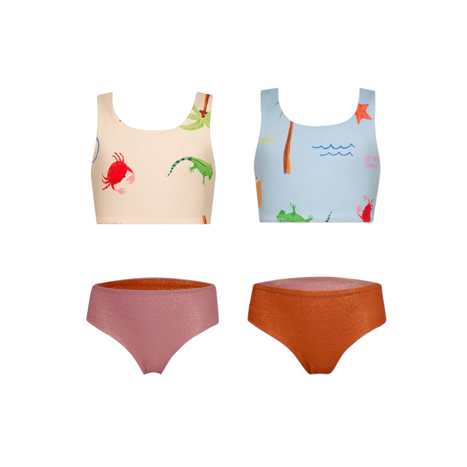 Two Girls' Sun & Moon Reversible Bikinis by Pepita & Me are displayed flat on a white background, featuring mix-and-match colorful animal and nature print tops with solid pink and rust orange bottoms for versatile styling.