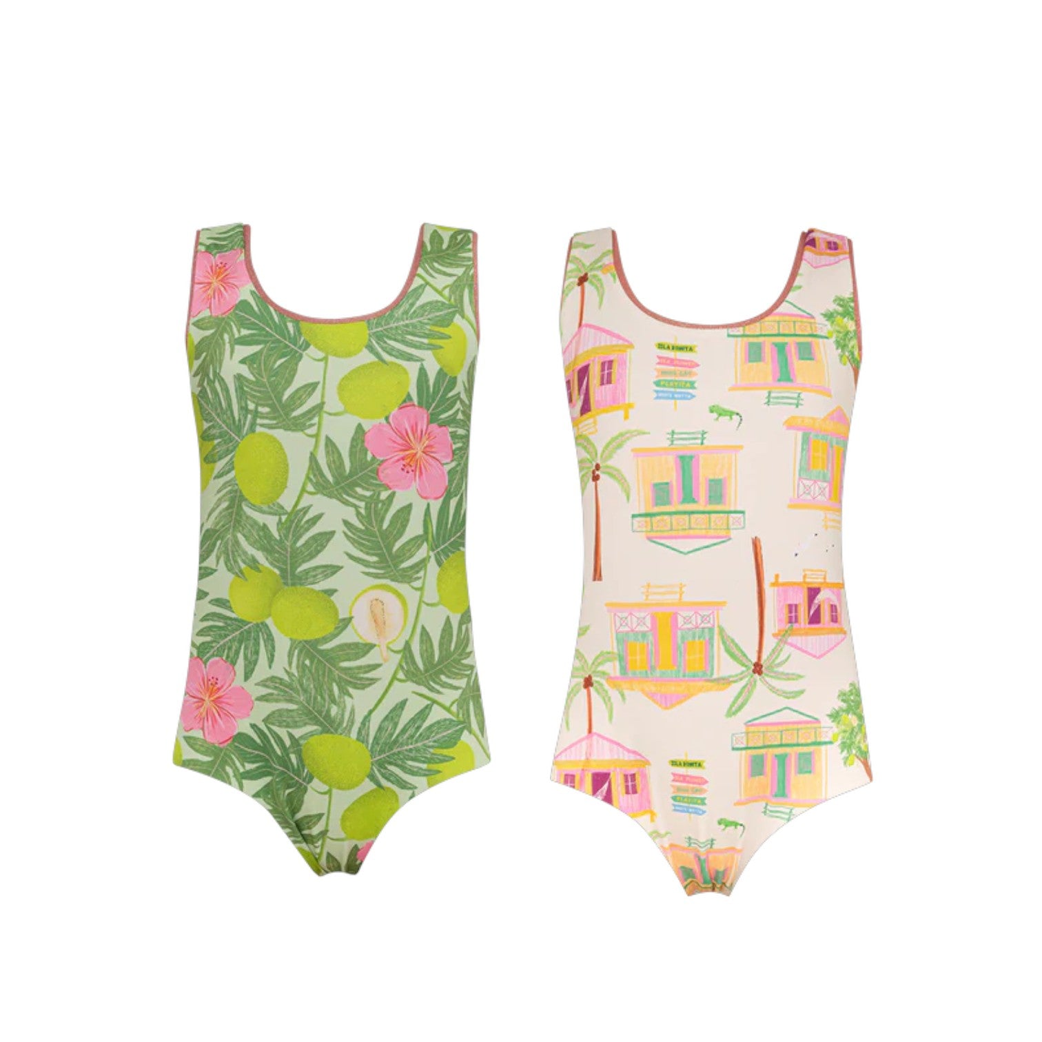 The Pepita & Me Baby Girls' and Girls' Sun & Moon Reversible One Piece offers two kids’ swimsuit styles: one with a green tropical leaf and flower pattern, the other featuring a pastel house and palm tree design.