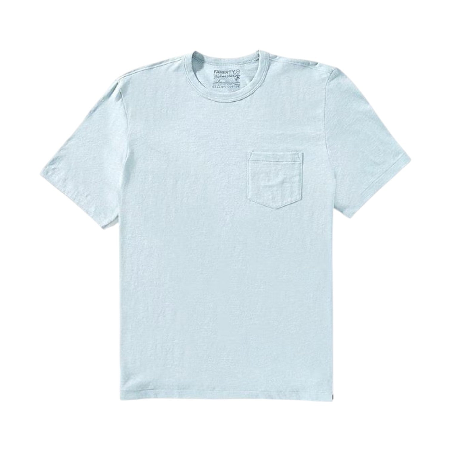The Faherty Sunwashed Pocket Tee is a light blue, short-sleeve crew neck shirt with a small chest pocket, made from Regenerative Organic Cotton, shown against a white background.