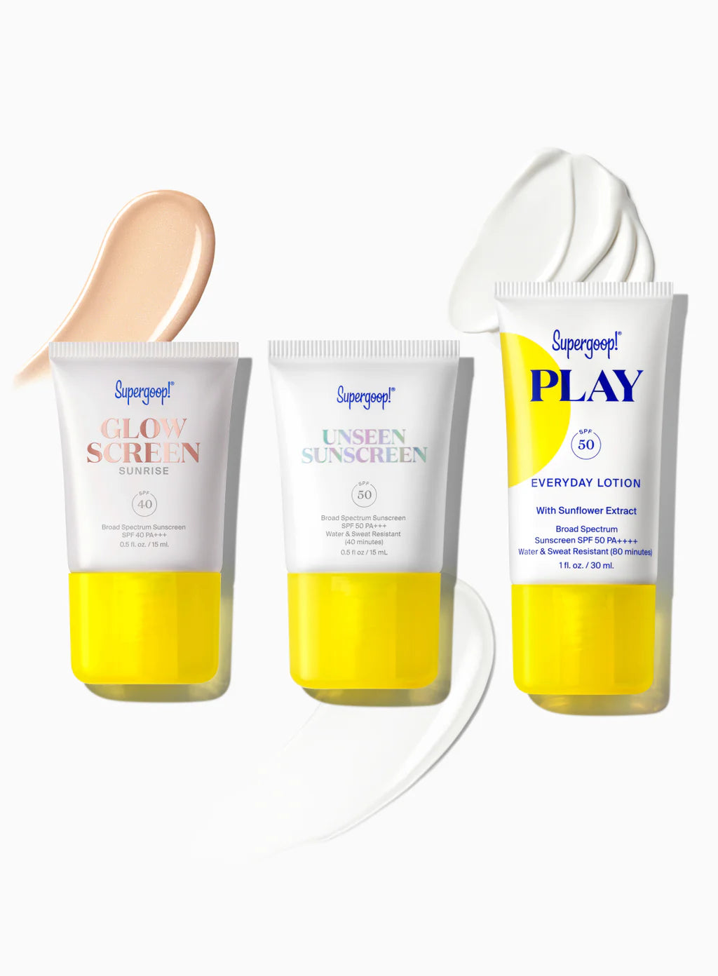 The Supergoop Icons Only SPF Bestseller Kit features Glowscreen, Unseen Sunscreen, and Play Everyday Lotion shown with swatches above—highlighting Glowscreen’s glow and Unseen Sunscreen’s invisible finish.