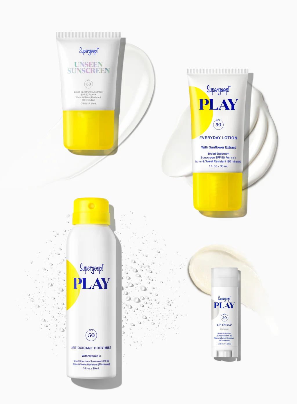 Supergoop’s Round Trip Ready kit is displayed on a white background with product swatches and droplets—perfect for a lightweight sunscreen or travel SPF set.
