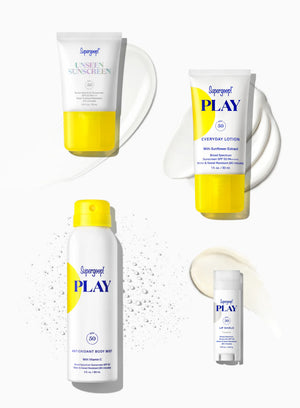 Supergoop’s Round Trip Ready kit is displayed on a white background with product swatches and droplets—perfect for a lightweight sunscreen or travel SPF set.