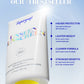 A tube of Supergoop Unseen Sunscreen SPF 40, a weightless sunscreen and makeup primer, stands upright against a blue background with bold product features listed on the right.