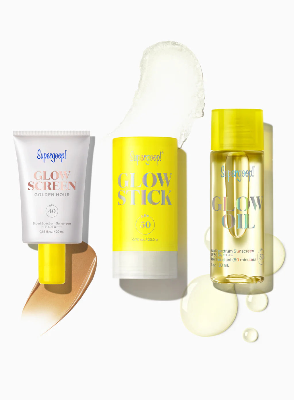 Supergoop's Destination Glow sunscreen is displayed on a white background with smears and drops, emphasizing its travel-friendly design for radiant skin.